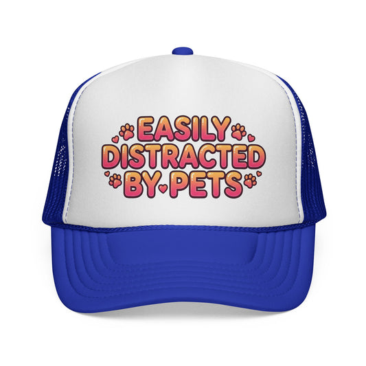 Easily Distracted By Pets Trucker Cap Cute Paw Print Mesh Hat for Pet Lovers